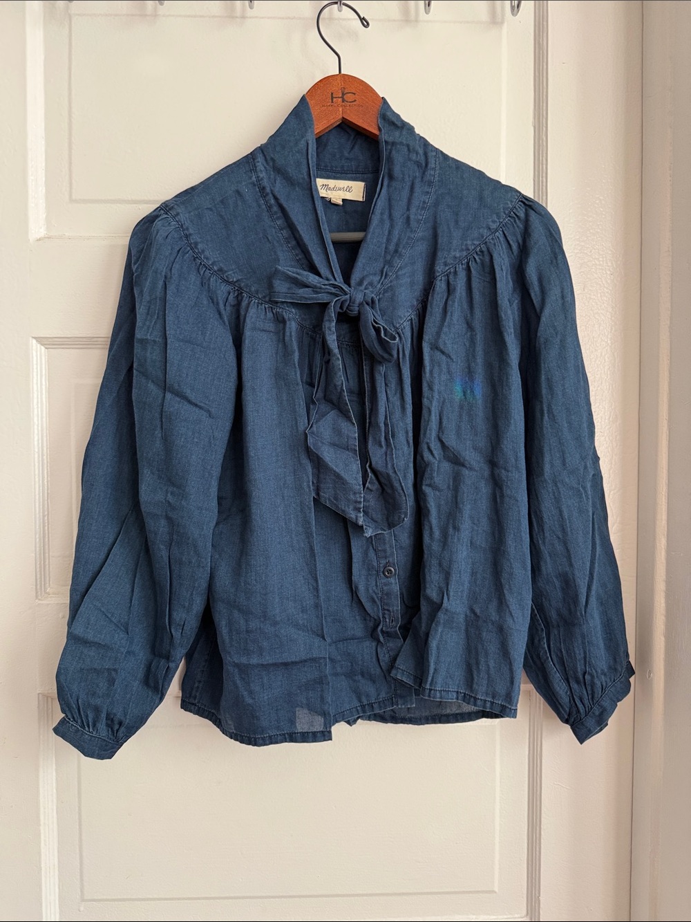 Madewell Denim-Blue Tie-Neck Button Blouse